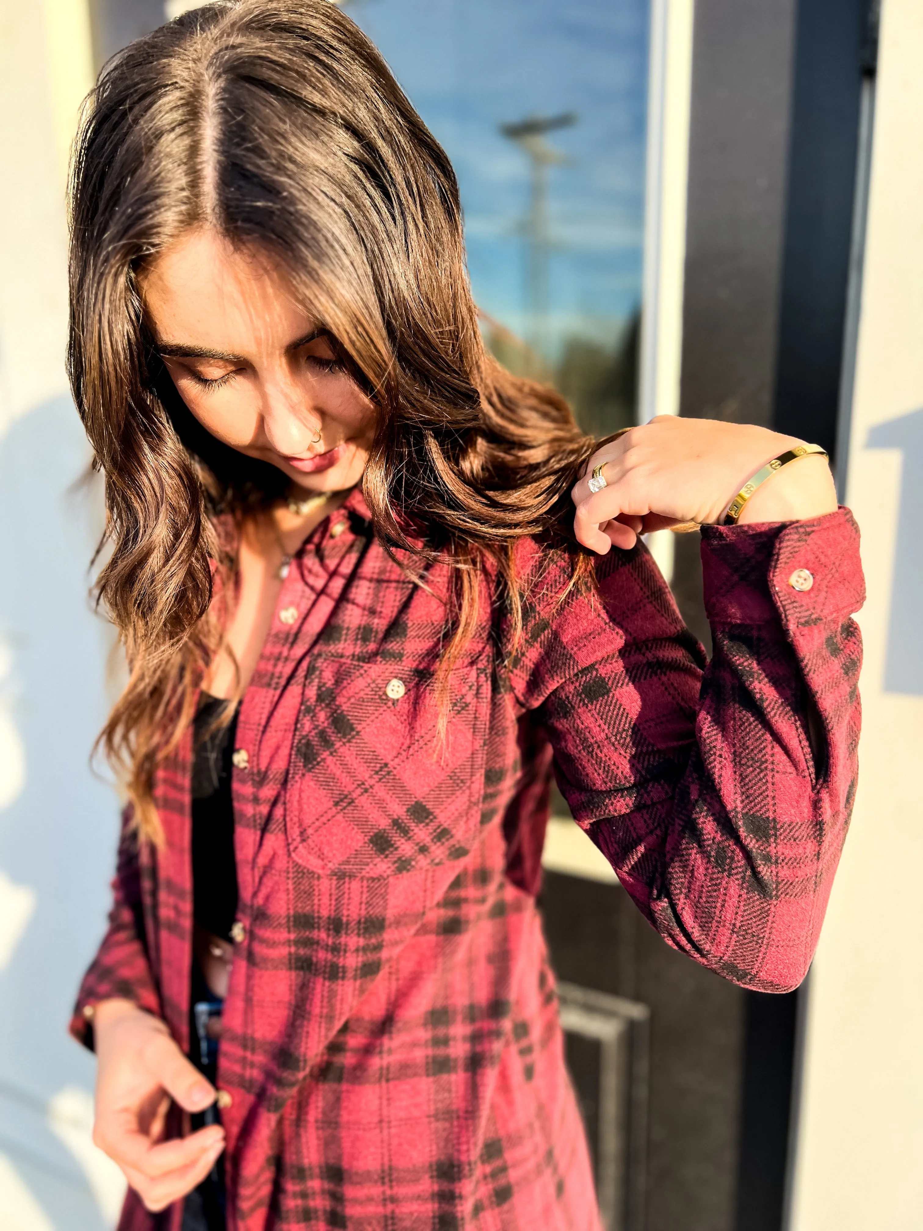 Leslie Button Down Tunic- Burgundy Plaid