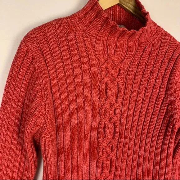 LL Bean Red Cable Knit Mock Neck Sweater