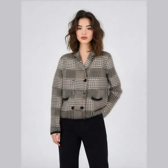 Loft - Wool Blend Patchwork Knit Sweater Jacket in Black &amp; Ivory