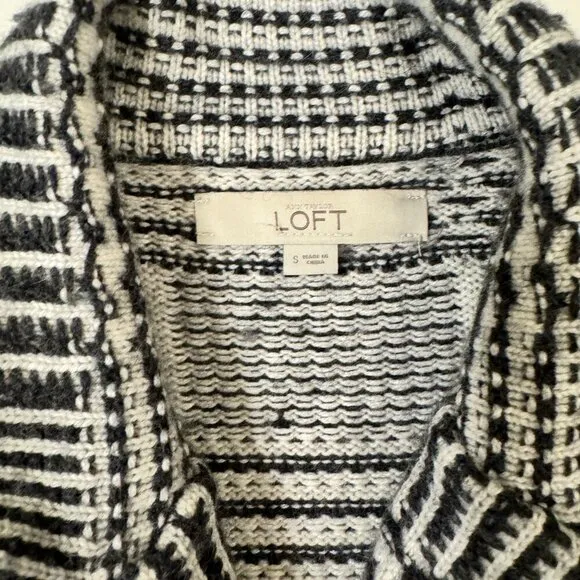 Loft - Wool Blend Patchwork Knit Sweater Jacket in Black &amp; Ivory