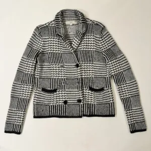 Loft - Wool Blend Patchwork Knit Sweater Jacket in Black &amp; Ivory