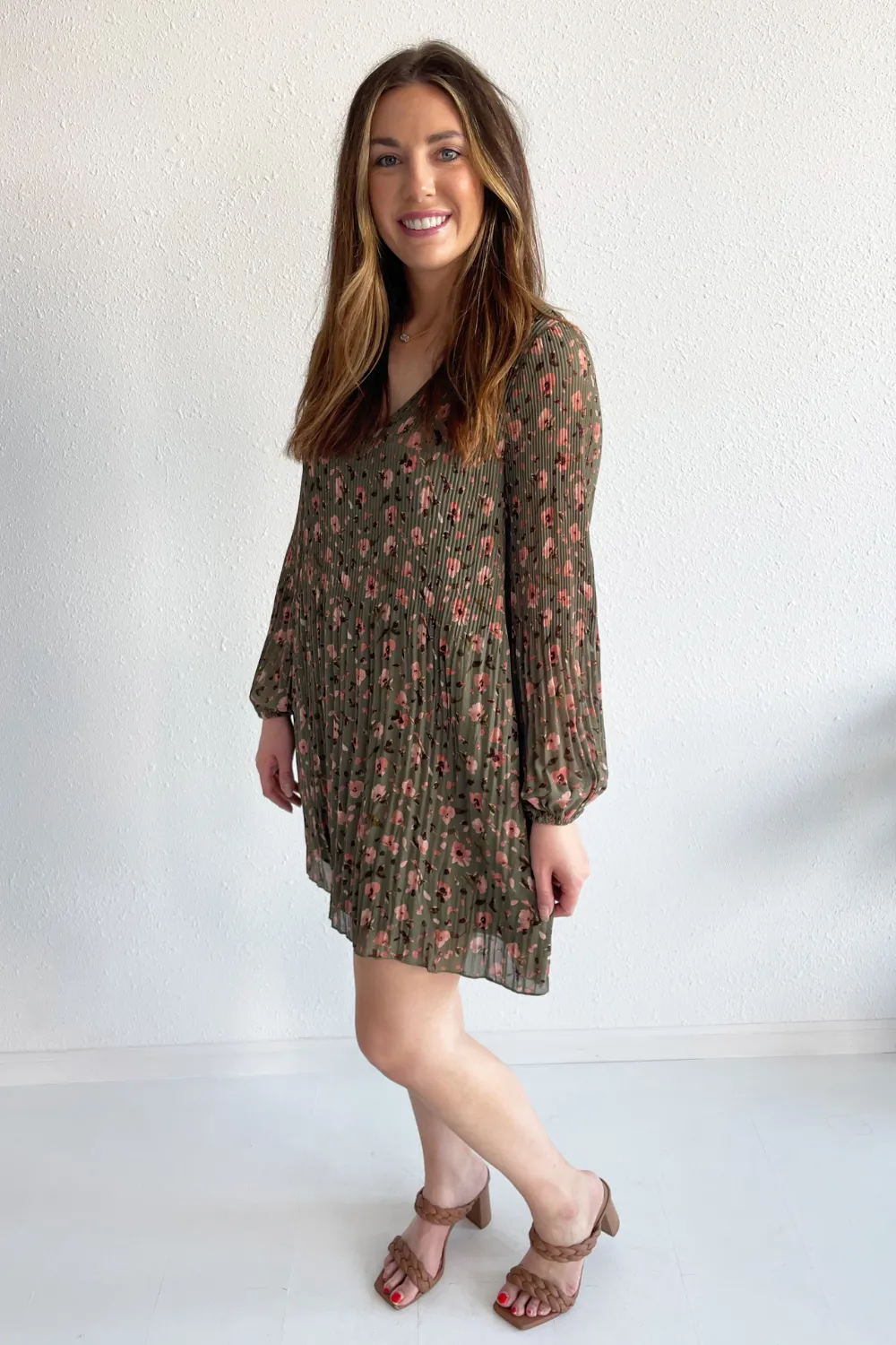 Long Sleeve Pleated A-Line Dress