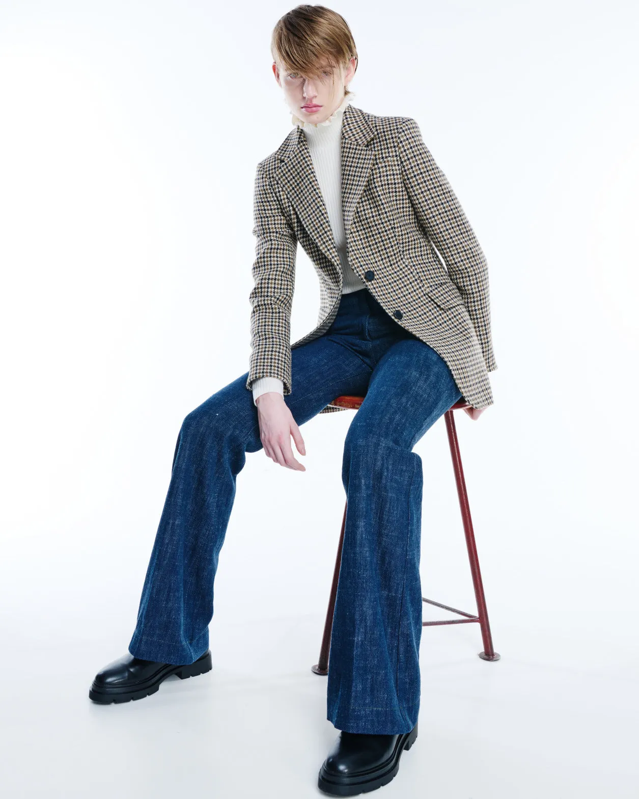 Long Virgin Wool Houndstooth Boyfriend Blazer