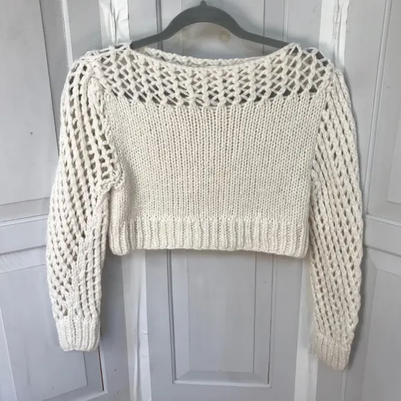 Love Shack Fancy Cream Cropped Knit Alpaca Blend Sweater