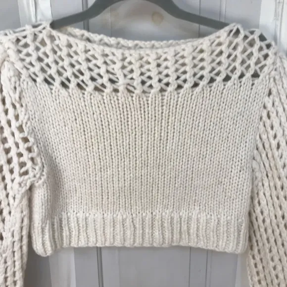 Love Shack Fancy Cream Cropped Knit Alpaca Blend Sweater