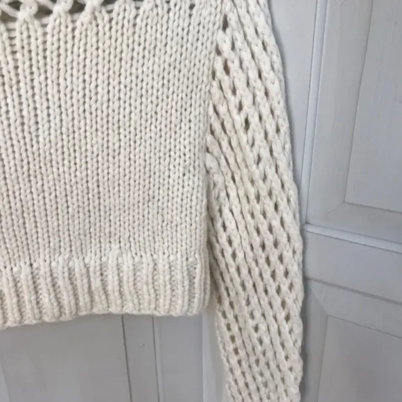 Love Shack Fancy Cream Cropped Knit Alpaca Blend Sweater