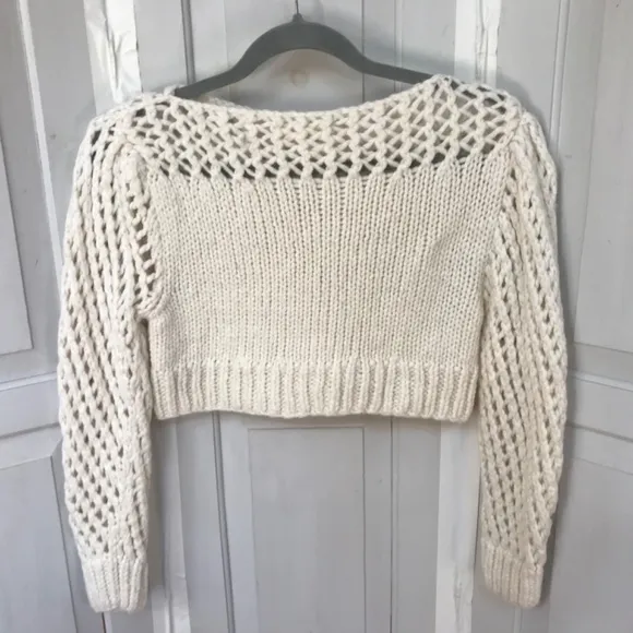 Love Shack Fancy Cream Cropped Knit Alpaca Blend Sweater