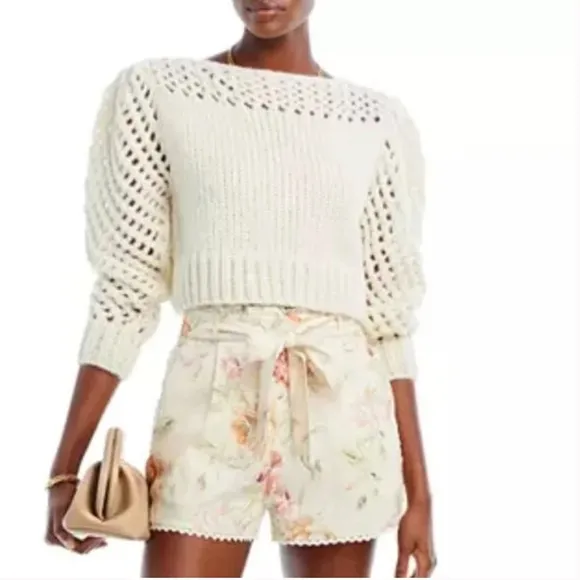 Love Shack Fancy Cream Cropped Knit Alpaca Blend Sweater