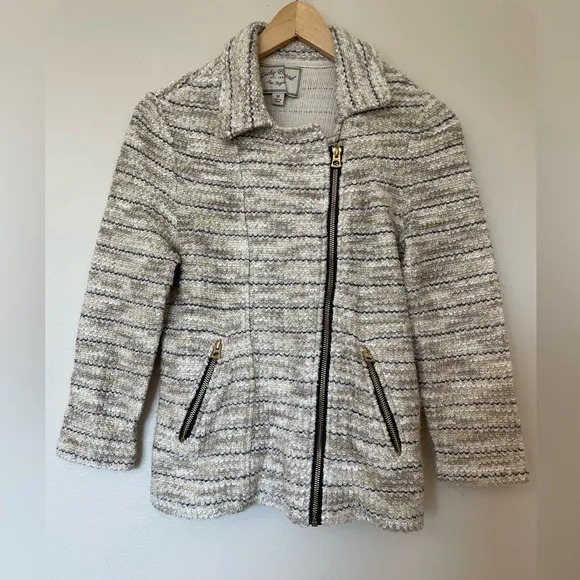 Lucky Brand Marled Cream Tweed Knit Moto Zip Jacket Blazer Size Medium