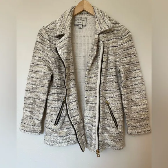 Lucky Brand Marled Cream Tweed Knit Moto Zip Jacket Blazer Size Medium