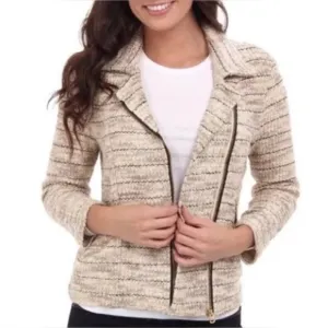 Lucky Brand Marled Cream Tweed Knit Moto Zip Jacket Blazer Size Medium