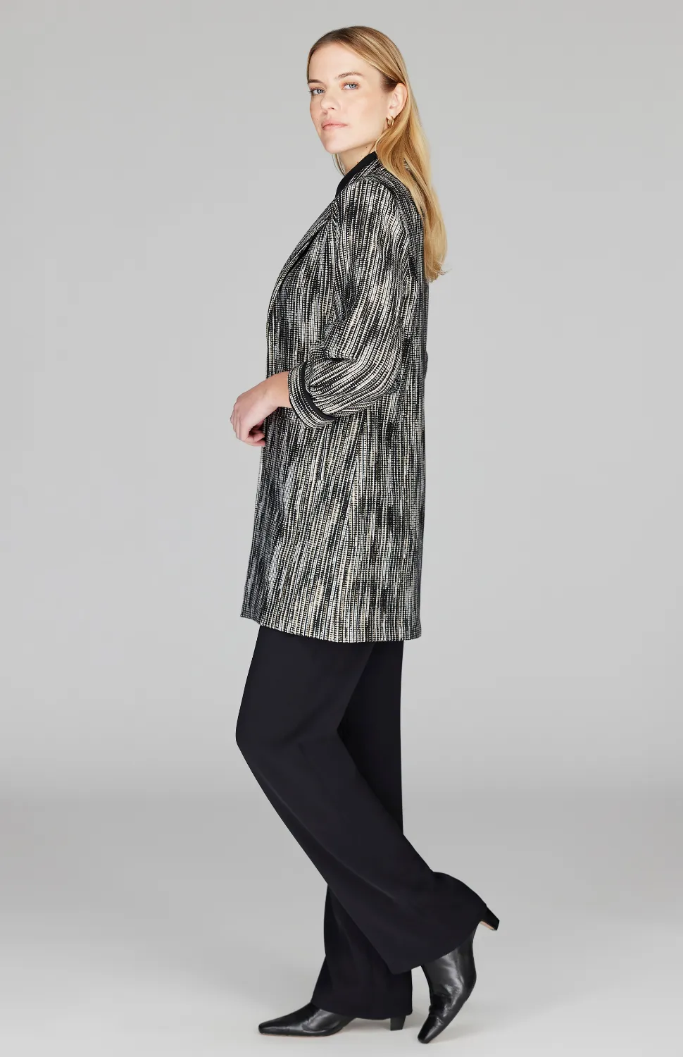 Lurex Knit Tweed Long Blazer w/ Contrast Trim