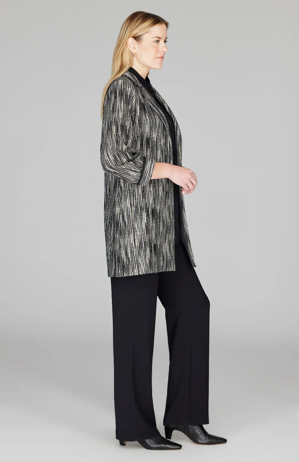 Lurex Knit Tweed Long Blazer w/ Contrast Trim