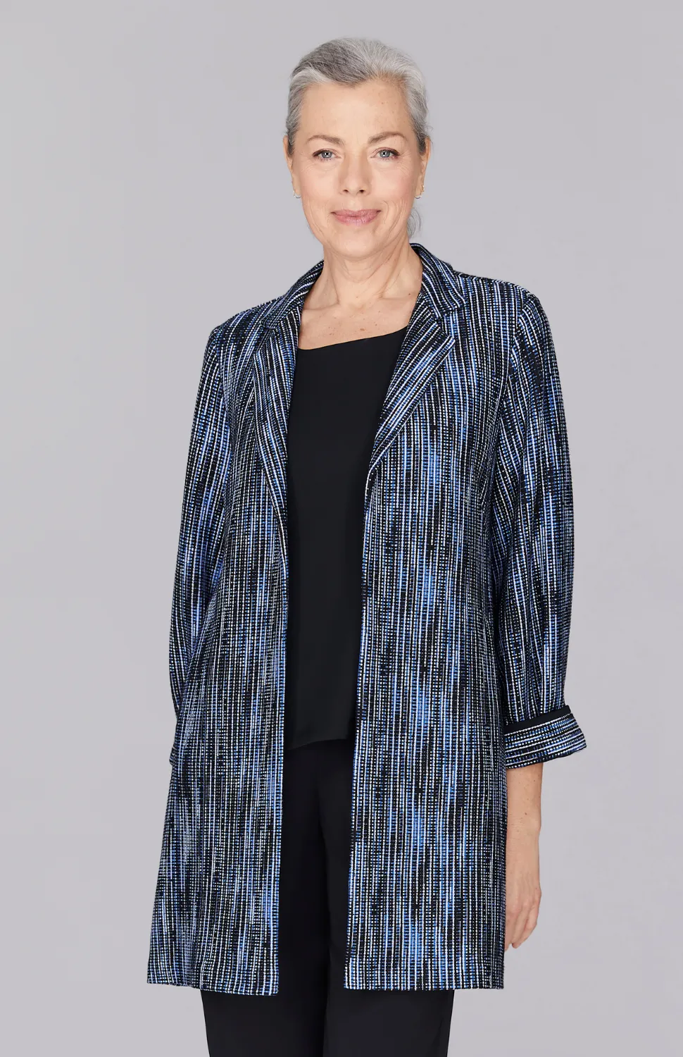 Lurex Knit Tweed Long Blazer w/ Contrast Trim