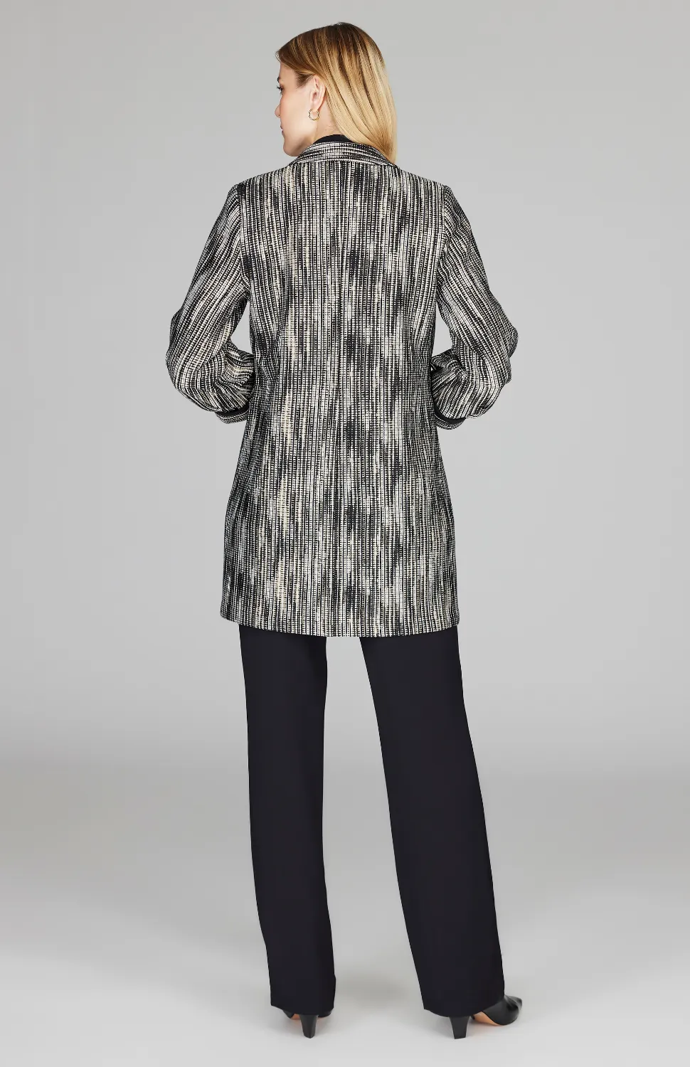 Lurex Knit Tweed Long Blazer w/ Contrast Trim