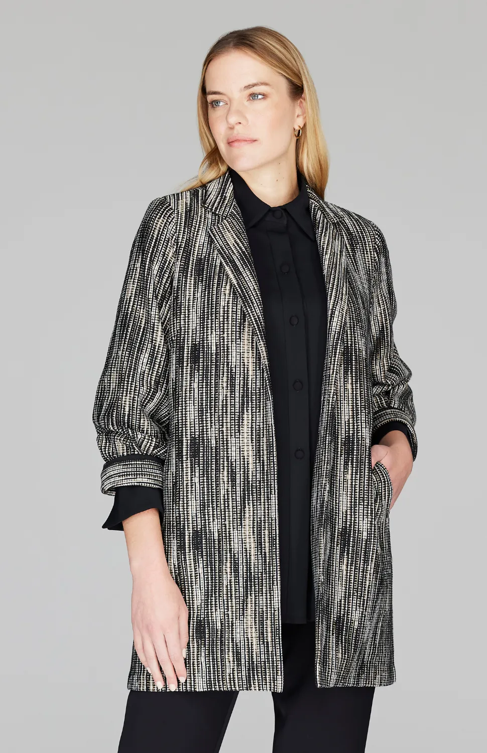 Lurex Knit Tweed Long Blazer w/ Contrast Trim