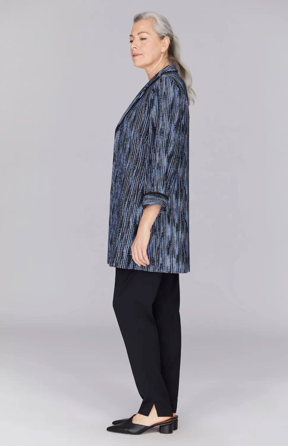 Lurex Knit Tweed Long Blazer w/ Contrast Trim