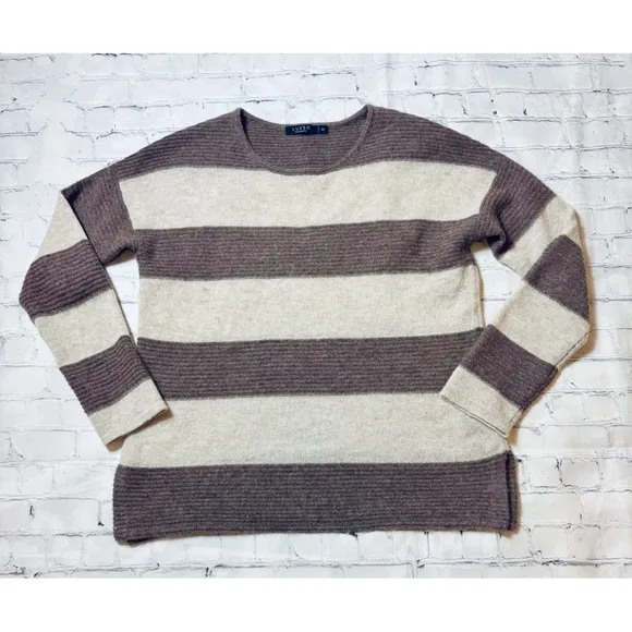 Lusso 100% Cashmere Logan Sweater Women's Size XS Caramel Combo Striped Cream