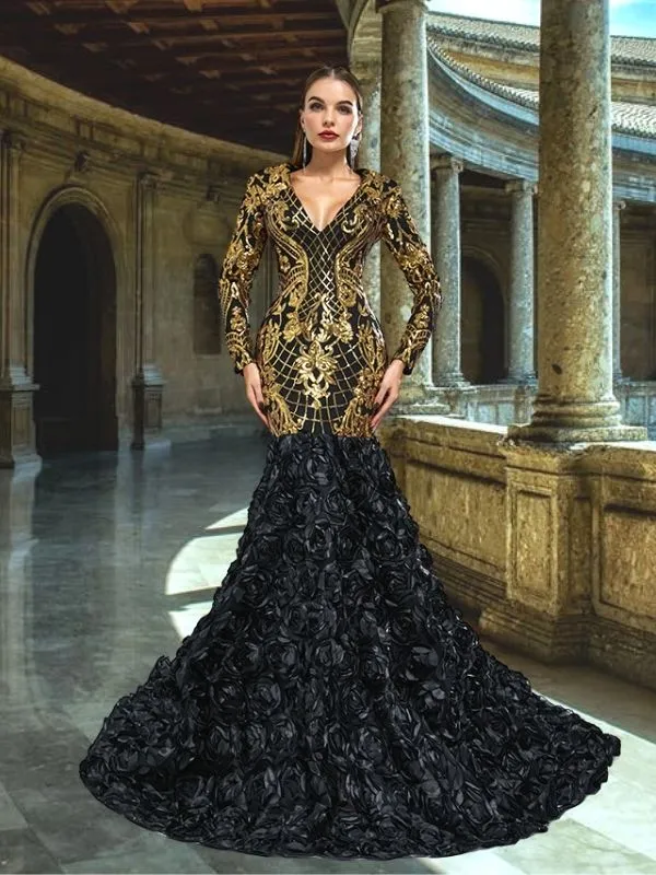 Luxurious Long Sleeves V-neck Gold Lace Black-rose Trumpet Mermaid  Long Prom Dress, PD3575