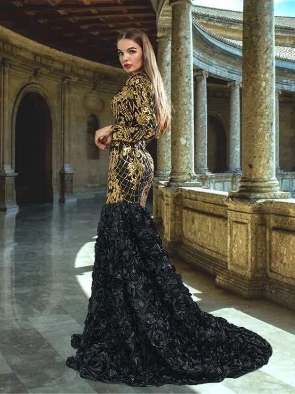 Luxurious Long Sleeves V-neck Gold Lace Black-rose Trumpet Mermaid  Long Prom Dress, PD3575