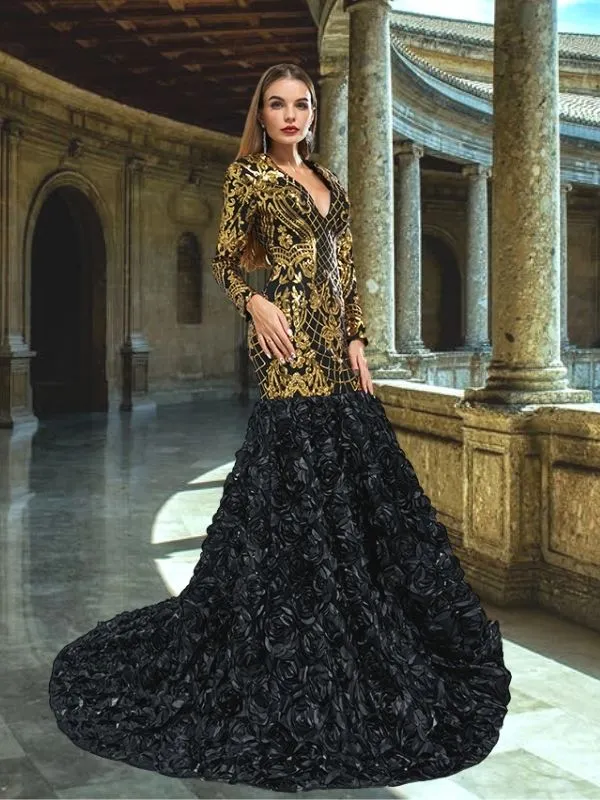 Luxurious Long Sleeves V-neck Gold Lace Black-rose Trumpet Mermaid  Long Prom Dress, PD3575