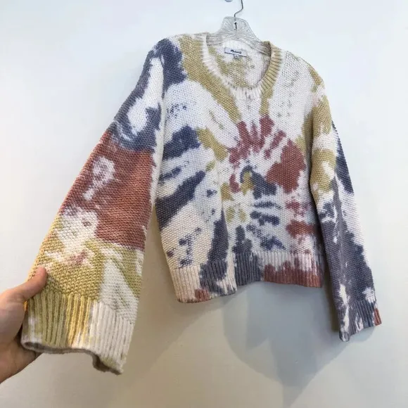 Madewell Cotton Waffle Knit Tie Dye Crew Neck Bell Sleeve Oversized Sweater XS
