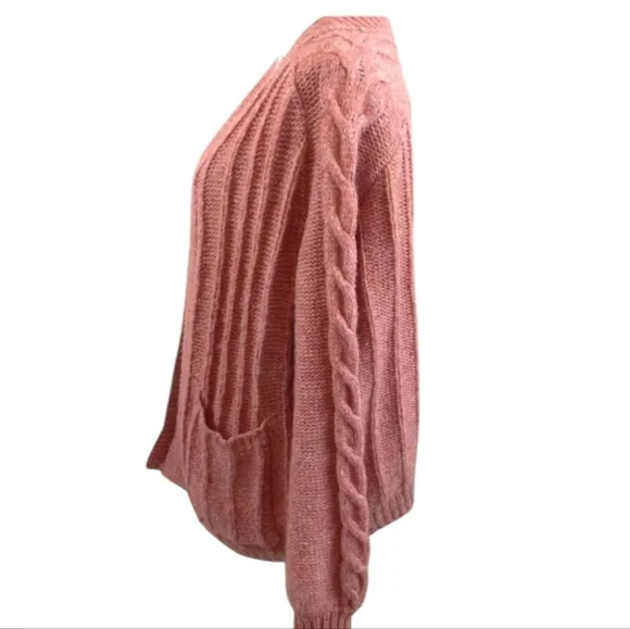 Madewell Pink Bubble Sleeve Cable Knit Open Front Cardigan Sweater Size Medium