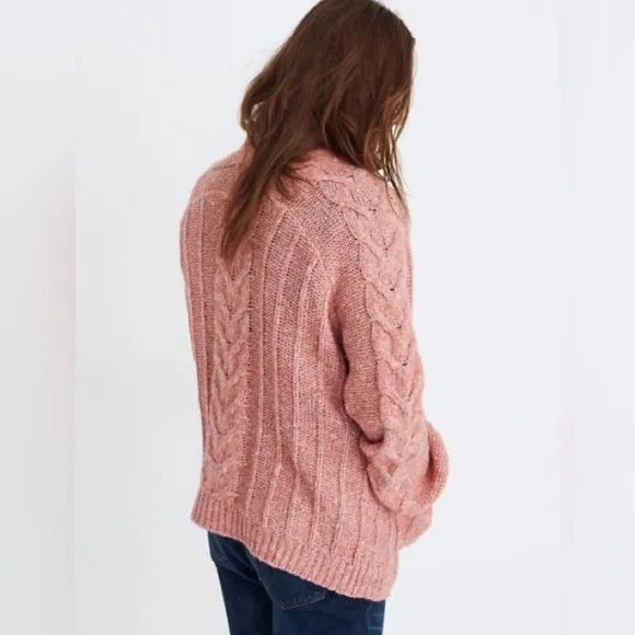 Madewell Pink Bubble Sleeve Cable Knit Open Front Cardigan Sweater Size Medium
