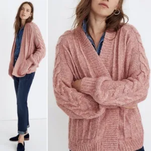 Madewell Pink Bubble Sleeve Cable Knit Open Front Cardigan Sweater Size Medium