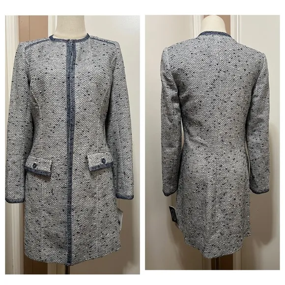 Magaschoni Bouclé Collarless Blazer Jacket Tweed Blue Gray Sz 4 NWT Glitter.