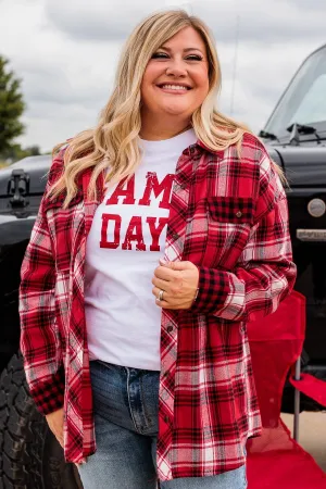 Make Some Noise Plaid Button Top- Red
