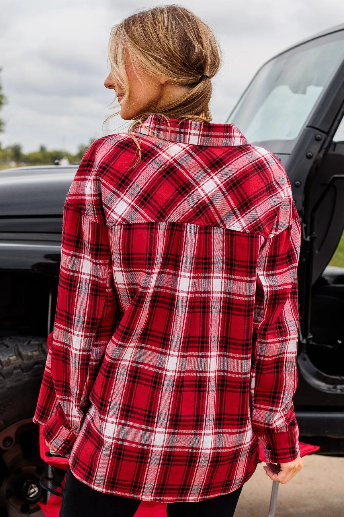 Make Some Noise Plaid Button Top- Red