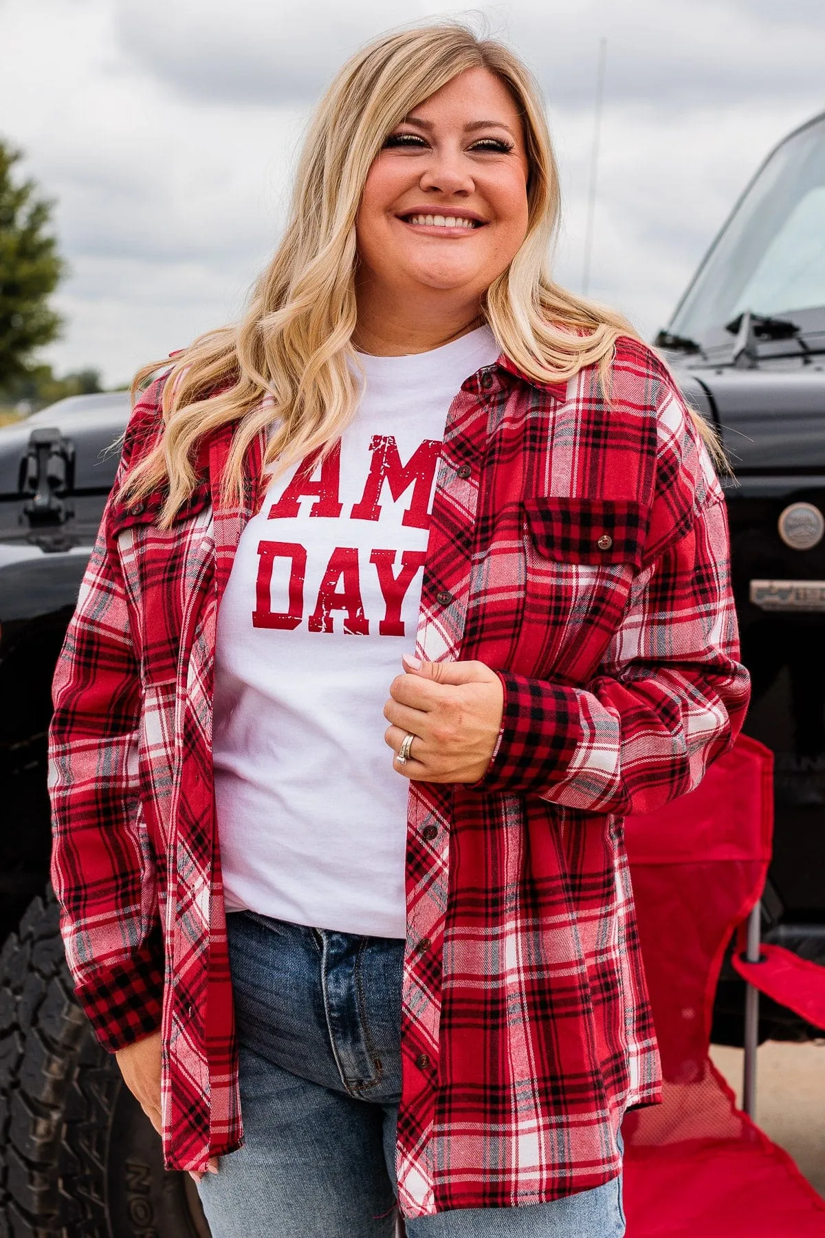 Make Some Noise Plaid Button Top- Red