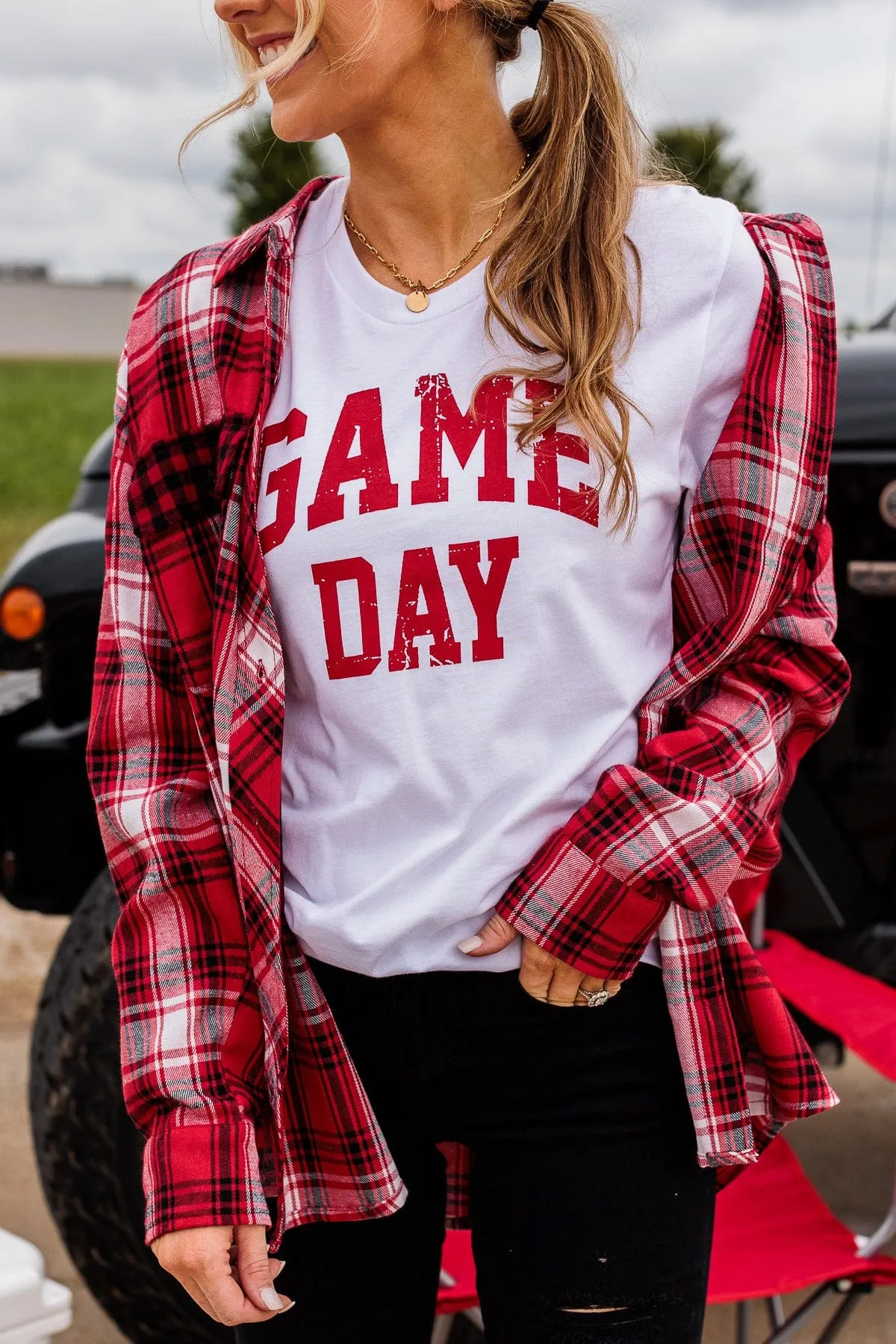 Make Some Noise Plaid Button Top- Red