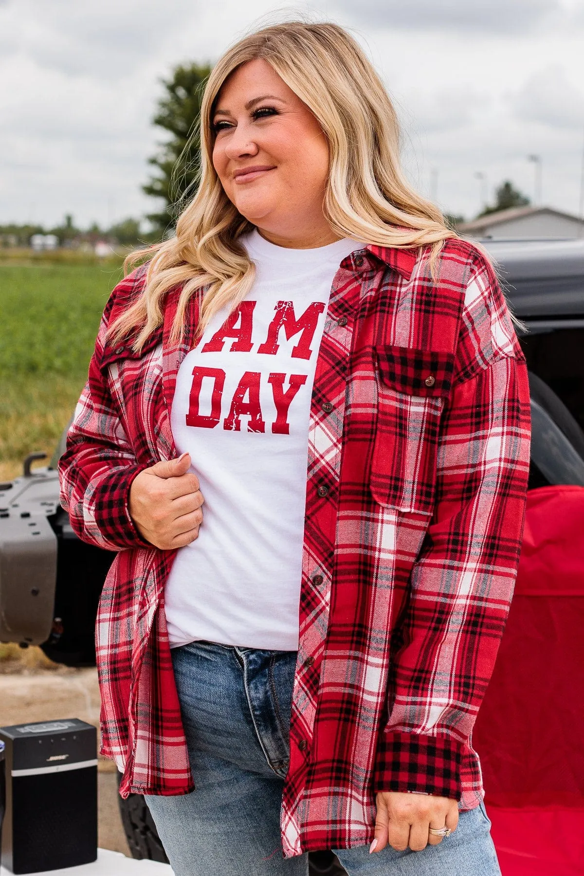 Make Some Noise Plaid Button Top- Red