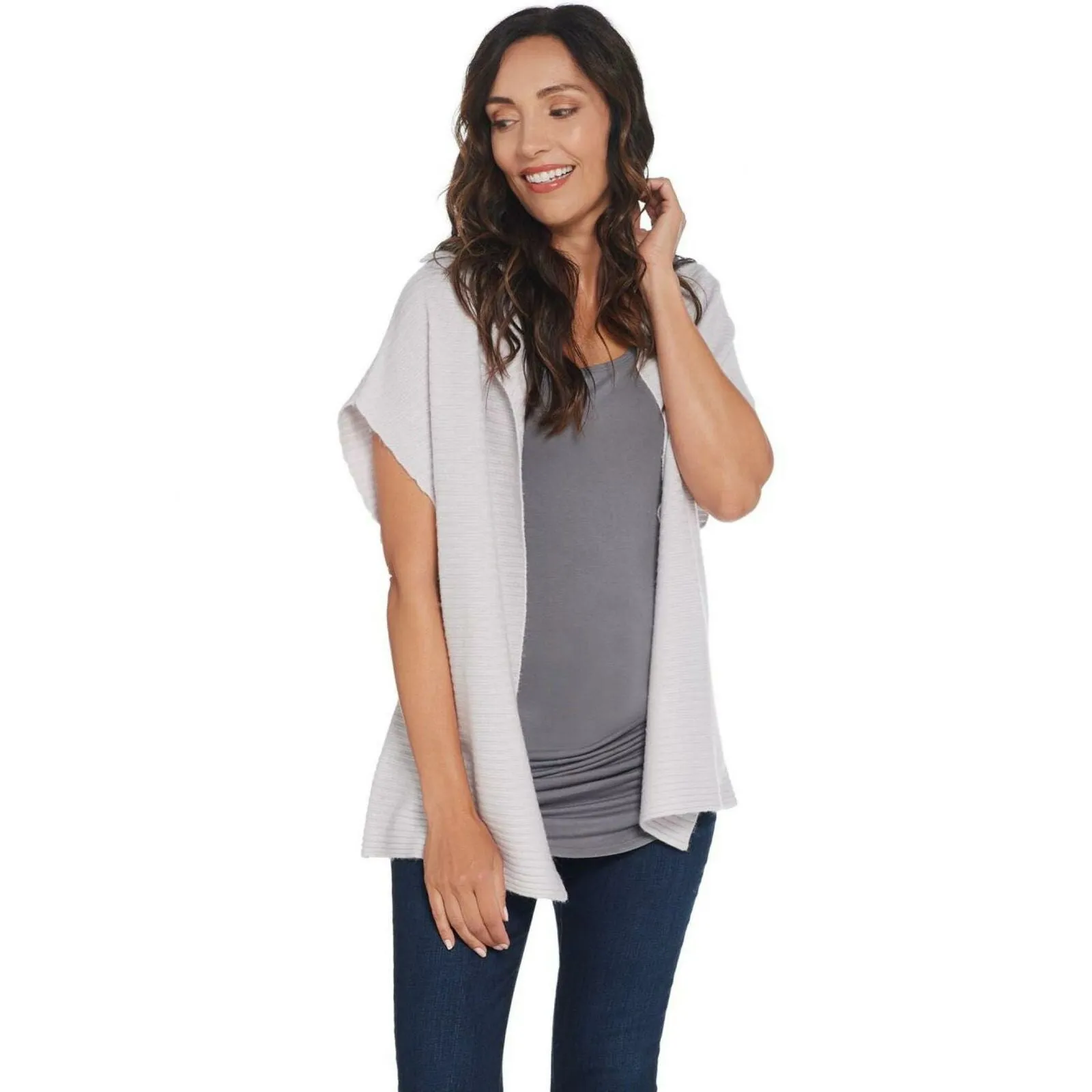 Martha Stewart Women's Wool Cashmere Open Front Ribbed Cardigan Grey 2X