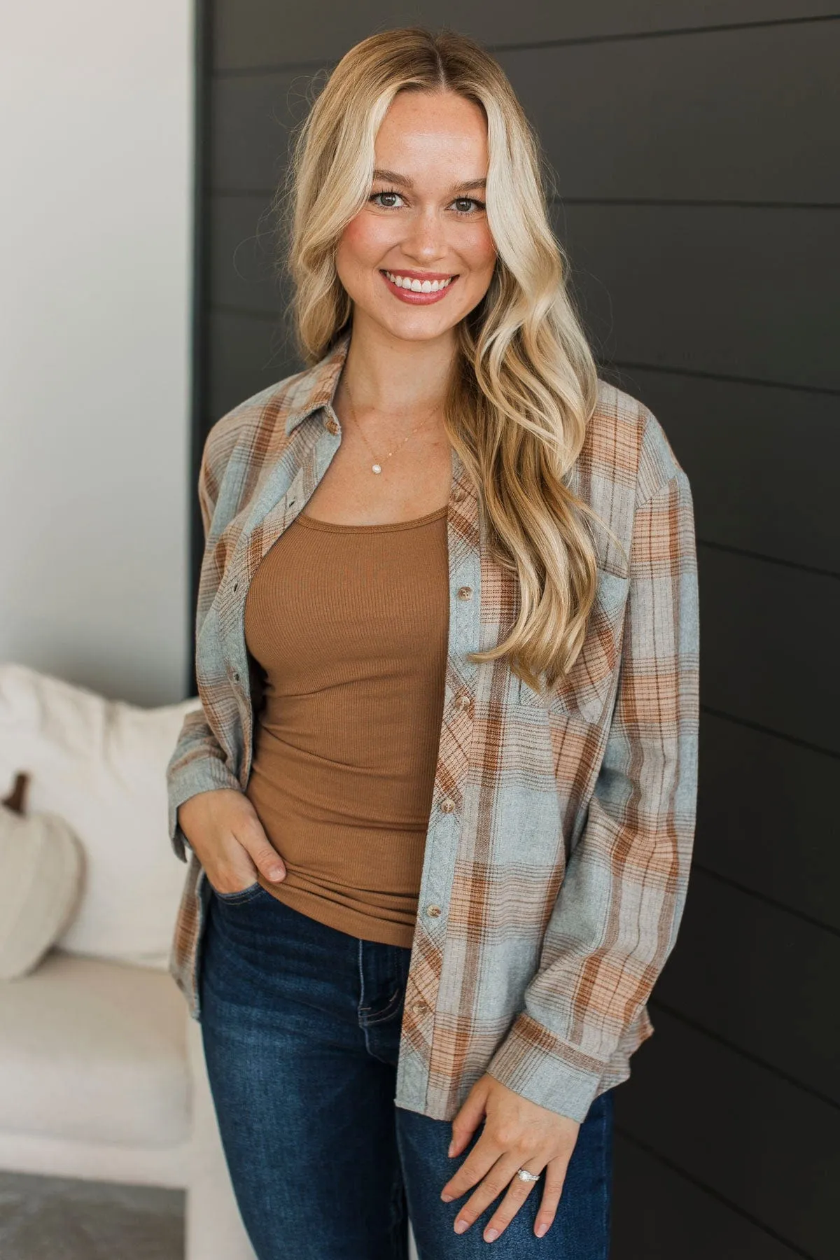 Matter Of Fact Plaid Button Top- Cool Grey & Caramel