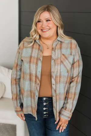 Matter Of Fact Plaid Button Top- Cool Grey & Caramel