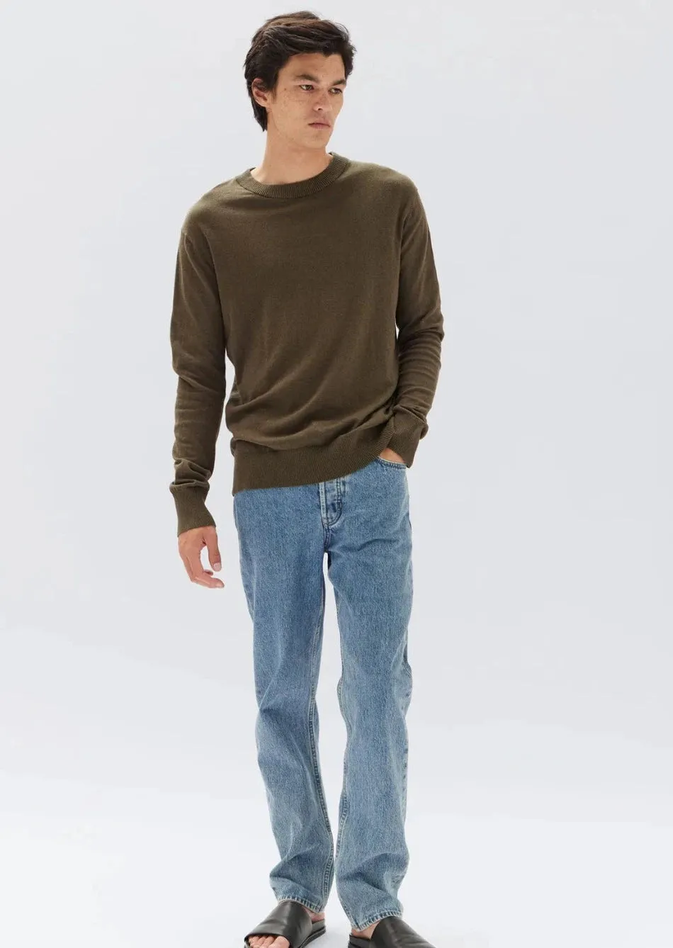 Mens Cotton Cashmere LS Sweater Pea Marle