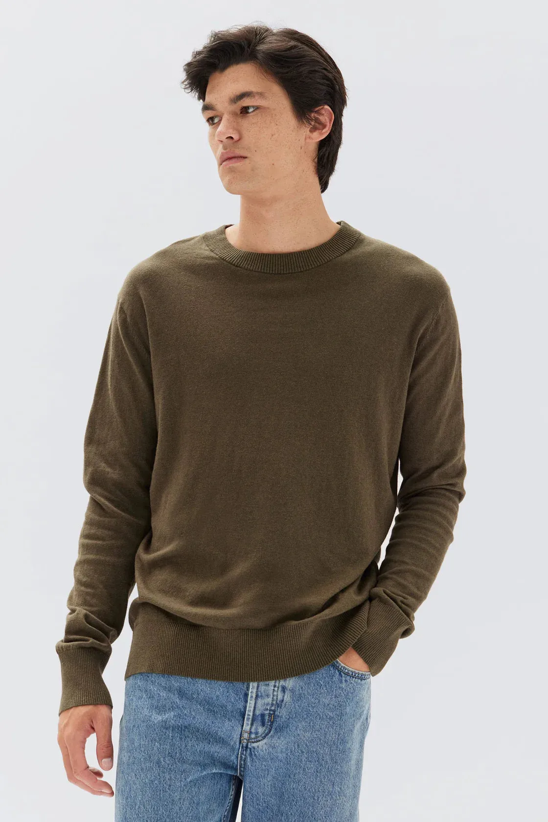 Mens Cotton Cashmere LS Sweater Pea Marle