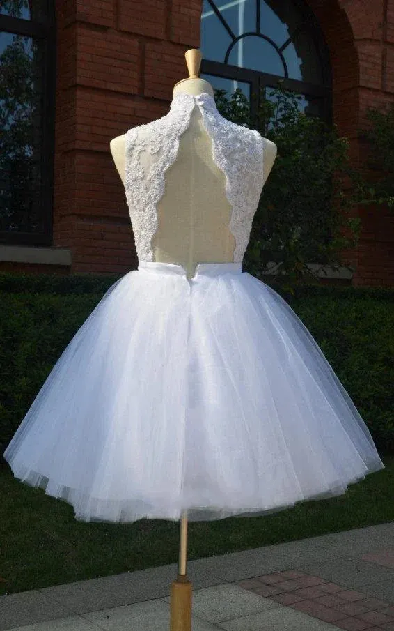 Mini Knee-Length Tulle Lace Dress With Beading Keyhole Back
