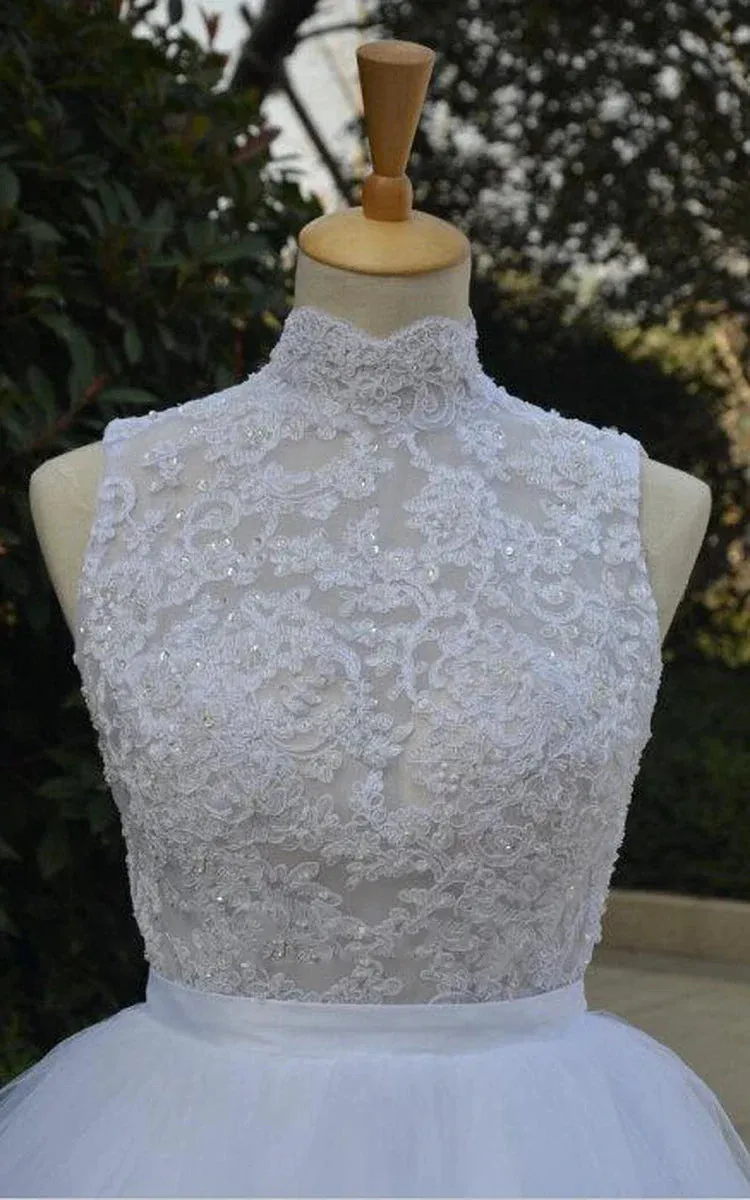 Mini Knee-Length Tulle Lace Dress With Beading Keyhole Back