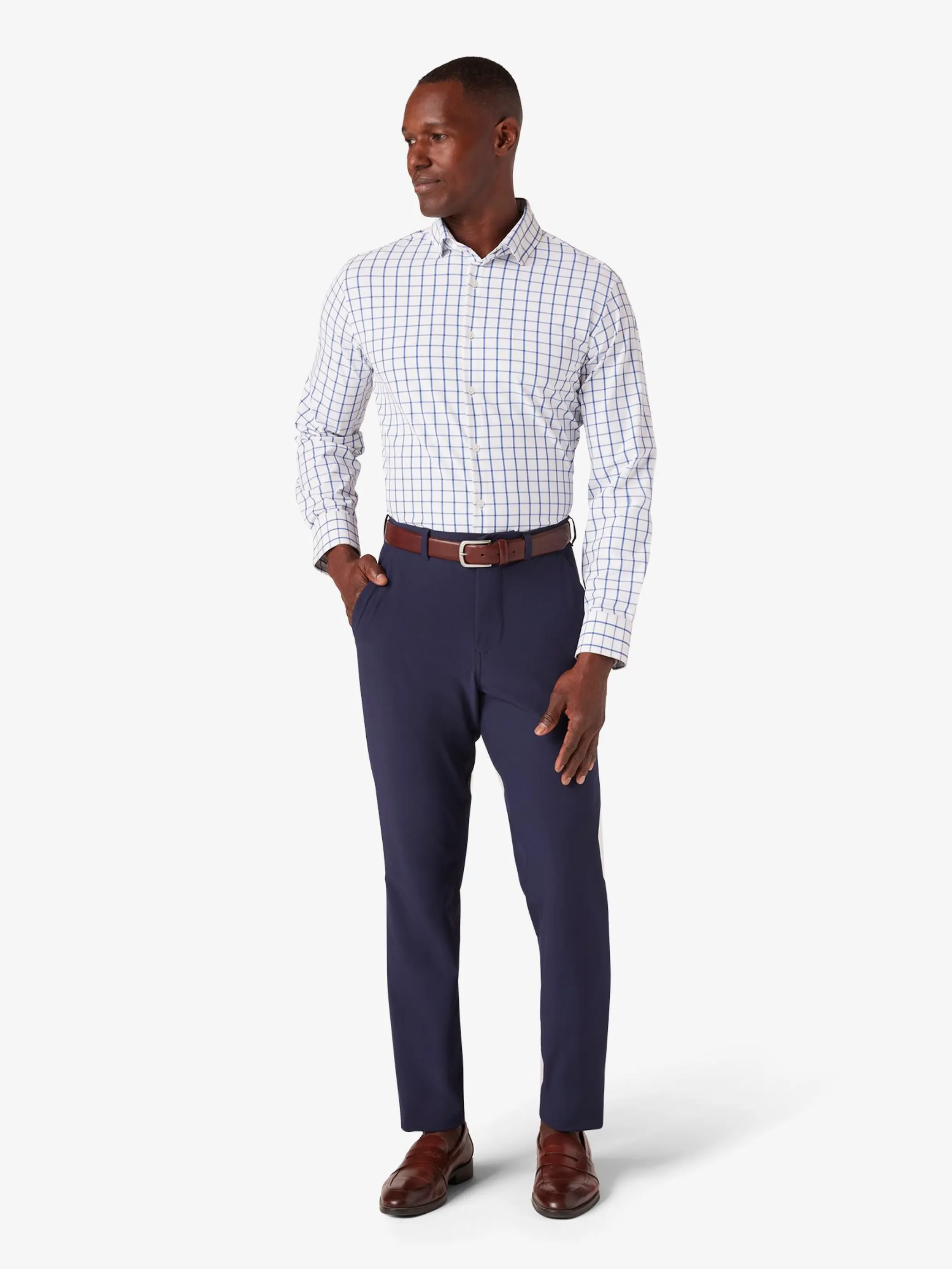 Mizzen   Main No Tuck Leeward LS Dress Shirt - White Navy Windowpane