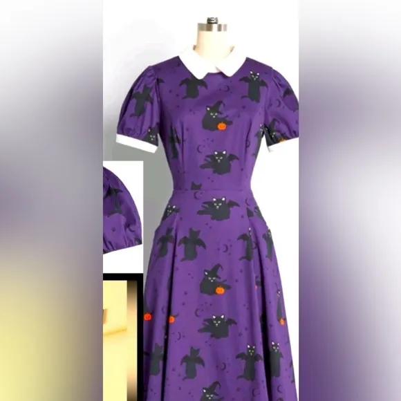 ModCloth Halloween Purple Cats Bats Pumpkins, Vampires A-Line Dress