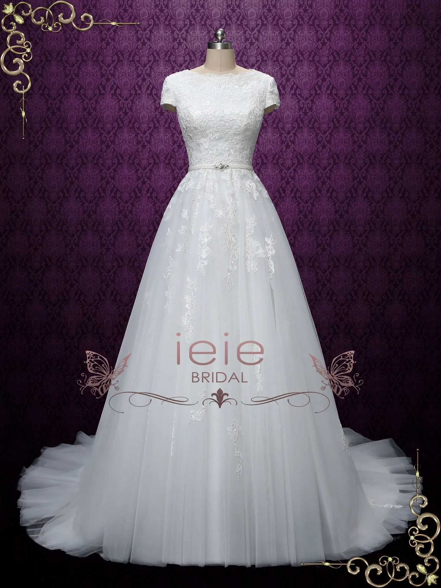 Modest Lace Wedding Dress with Short Sleeves ABIGAIL