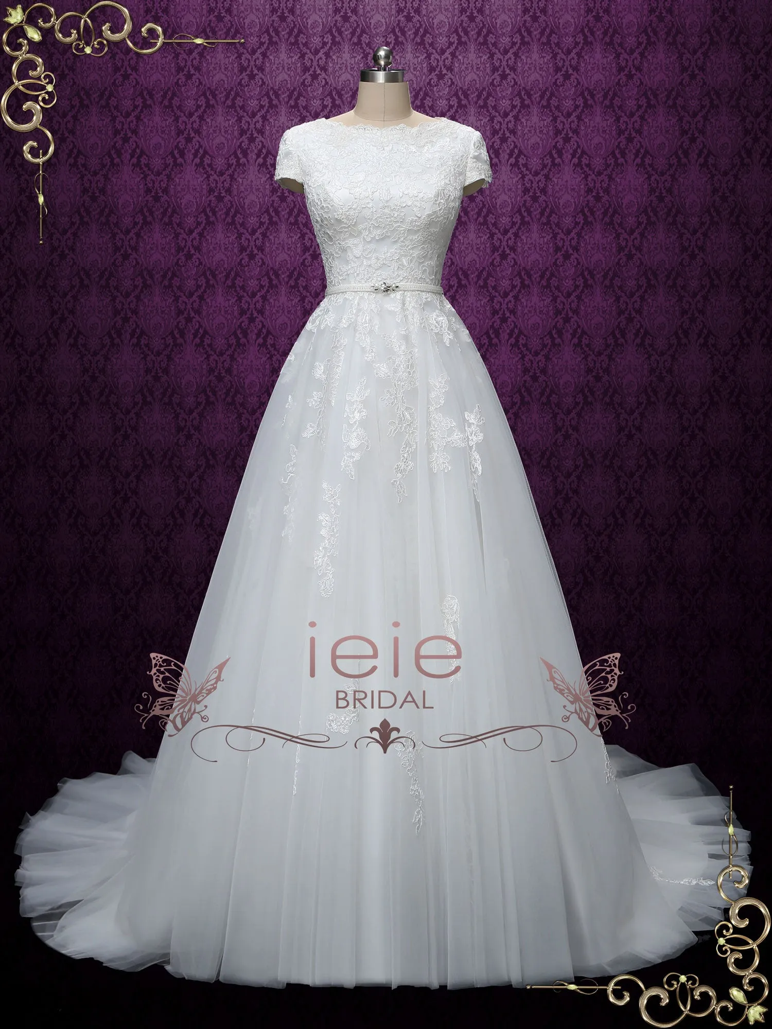 Modest Lace Wedding Dress with Short Sleeves ABIGAIL