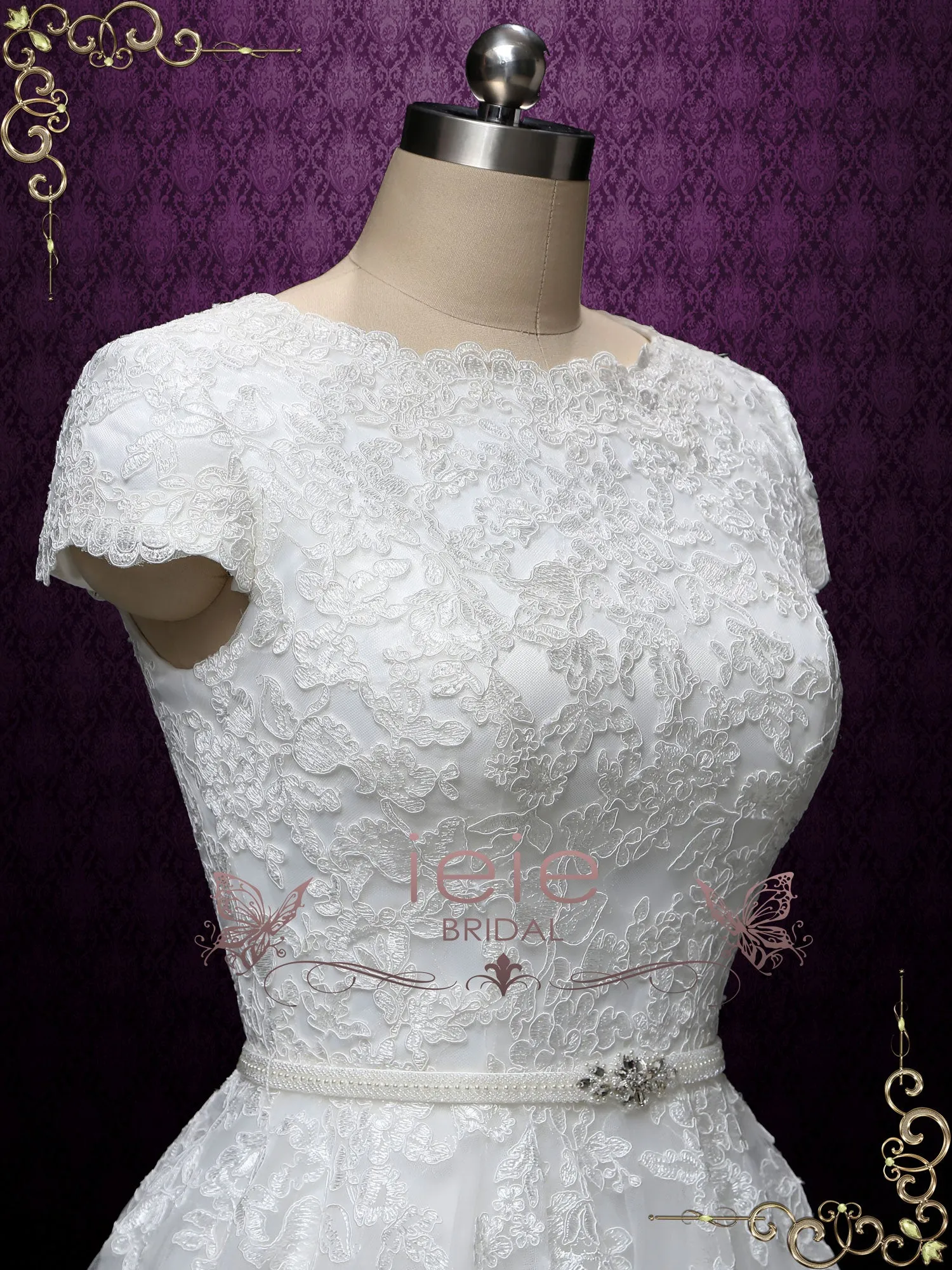 Modest Lace Wedding Dress with Short Sleeves ABIGAIL