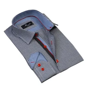 Navy Blue White Checkered Mens Slim Fit Designer Dress Shirt - tailored Cotton Shirts for Work and