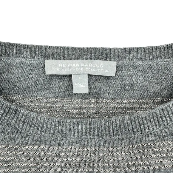 NEIMAN MARCUS Cashmere Sweater Lurex Crewneck Striped Gray
