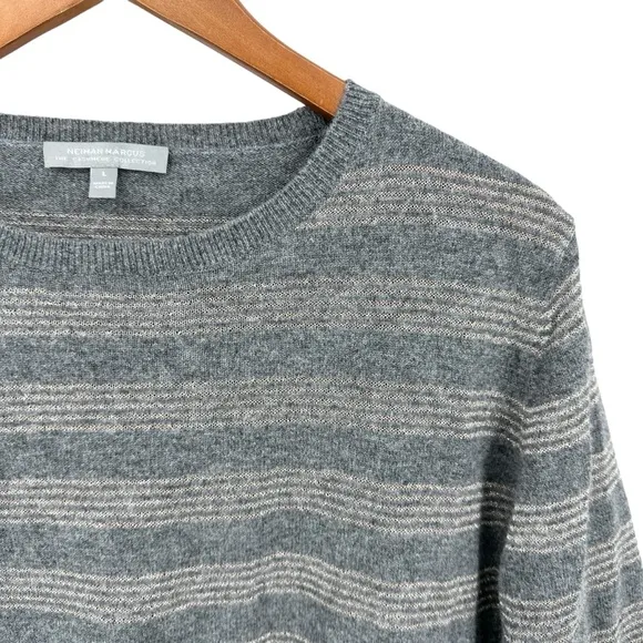 NEIMAN MARCUS Cashmere Sweater Lurex Crewneck Striped Gray